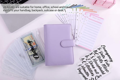 A6 Budget Binder Notebook | File Folder Ring Binder Set | 12PCS A6 Pockets Loose Leaf Bags 6 Ring Cash Envelopes System (Purple) (Pack of 1)